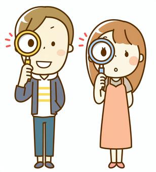 虫眼鏡を持って調べる若い男の子と女の子 虫眼鏡,調べる,発見,検索,拡大,目,見る,見つける,探偵,ルーペのイラスト素材