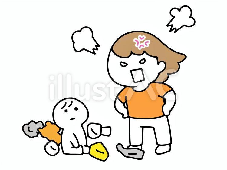 ちらかすこどもと怒る母親 母親,ママ,ファミリーのイラスト素材