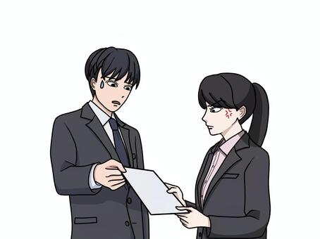 同僚にミスを注意されて焦るスーツ男性 書類,仕事,ミス,注意,スーツ,男性,女性,資料,受け取る,共有のイラスト素材
