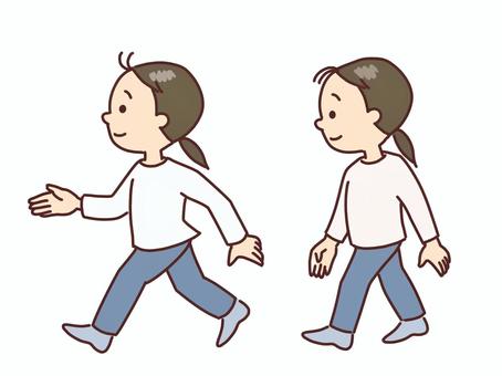 ウオーキング、ゆっくり歩きと早歩きをする 若い,女性,ウオーキング,ゆっくり歩き,早歩き,健康,骨粗鬆症予防,筋力,持久力,介護予防のイラスト素材