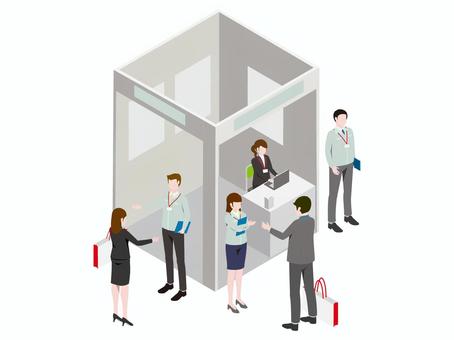 町工場シリーズ 商談会予算削減 商談会,展示会,ブース,出店者,来場者,全身,人物,アイソメ,アイソメトリック,社長のイラスト素材
