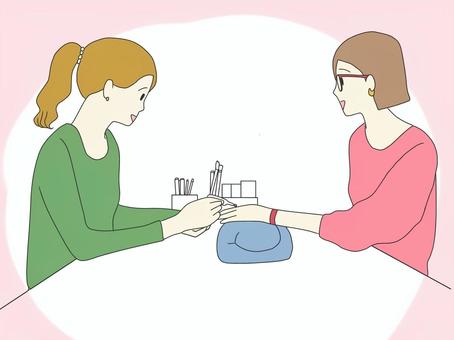 ネイルサロンでおしゃべりする女性 ネイルサロンでおしゃべりする女性 人物,女性,女子,女の子,笑顔,キラキラ,メイク,美意識,お手入れ,わくわくのイラスト素材