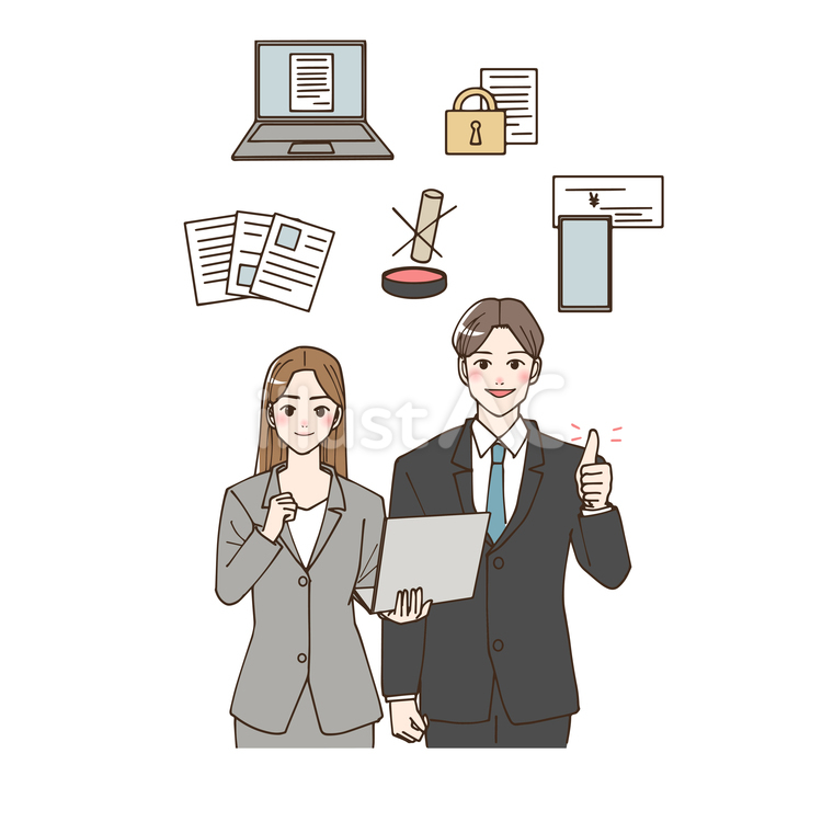 クラウドサービスを利用して喜ぶ会社員 クラウドサービス,書類,電子印鑑のイラスト素材