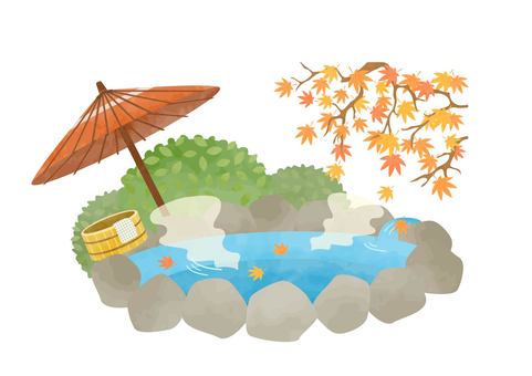 紅葉と温泉のイラスト 温泉,秋,紅葉,植物,自然,旅行,露天風呂,バケーション,葉,岩のイラスト素材