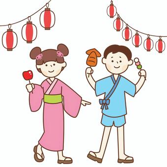 Illustrations of food stalls and festivals, bon o dori, yukata, lantern, JPG, PNG and EPS