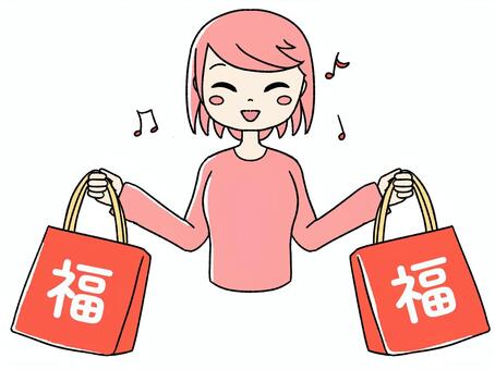 桃色の女の子が福袋を持っている ピンク,手描き,福袋,初売り,セール,お正月,新年,年始,ショッピング,買い物のイラスト素材