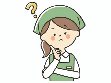 考える女性店員 考える女性店員 考える,困る,不安,悩む,はてな,迷う,わからない,疑問,質問,店員のイラスト素材