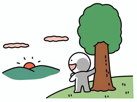 丘から夕日を眺める棒人間 夕日,棒人間,夕陽,丘,夕方,朝日,感動,山,背中,木のイラスト素材