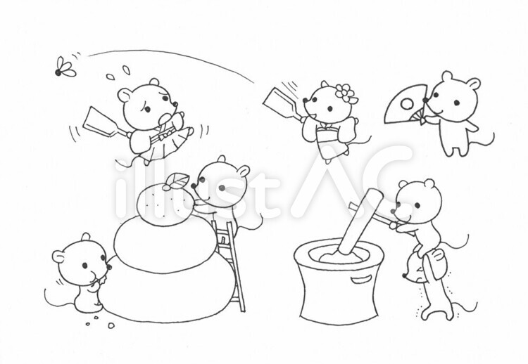 ねずみ達のお正月(白黒) ねずみ,正月,年賀状のイラスト素材