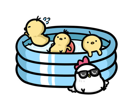 Illustration of chicks playing in the pool, a swimming pool, play, animal, JPG, PNG and AI