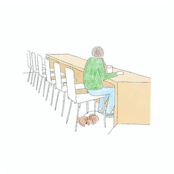 愛犬とカフェタイム カフェ,日常,女性,犬,椅子,カウンターのイラスト素材