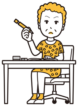  大阪のおばちゃん(黄)-068-全身 勉強,おばちゃん,大阪,ヒョウ柄,おばはん,中年,女性,関西,派手,おばさんのイラスト素材