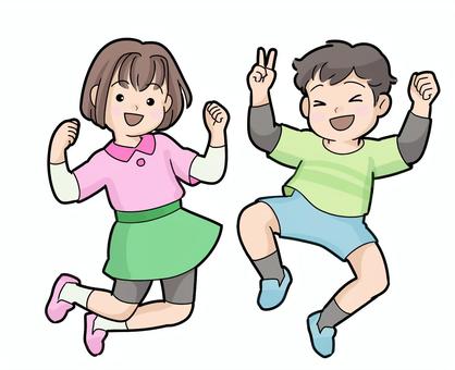 元気ポーズの子ども 元気ポーズの子ども 元気,子ども,ガッツ,ピース,拳,ジャンプ,笑顔,全身のイラスト素材