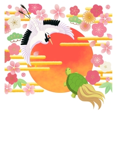 年賀状鶴亀背景透過 年賀状,鶴亀,縁起物,梅,桜,花,植物,正月,冬,1月のイラスト素材