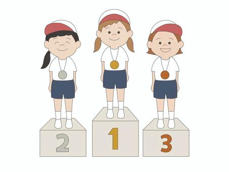 表彰台に乗る子どもたち(女の子) 表彰台に乗る子どもたち(女の子) 表彰台,表彰,表彰式,女の子,優勝,一位,二位,三位,上位,勝つのイラスト素材