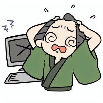 パソコンがエラーでパニック町民 町民,パソコン,エラー,パニック,焦る,デジタル,苦手,大変,やばい,壊すのイラスト素材