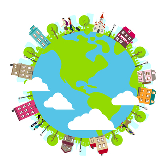 地球と街並み・建物 イラスト 街,地球,都市,街並み,旅行,建物,風景,グローバル,海外,観光のイラスト素材