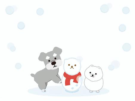 雪だるまと2匹の犬 シュナウザー,ポメラニアン,犬,仔犬,動物,ペット,友達,仲間,雪だるま,雪のイラスト素材