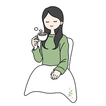 温かい飲み物を飲んでリラックスする女性 女性,女の子,お茶,ティータイム,休憩,リラックス,人物,紅茶,コーヒー,ココアのイラスト素材