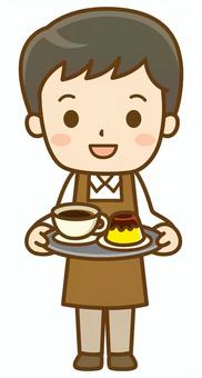 珈琲を運ぶカフェの男性店員(全身図) カフェ,喫茶店,レストラン,飲食店,飲食業,ウェイター,店員,従業員,スタッフ,男性のイラスト素材