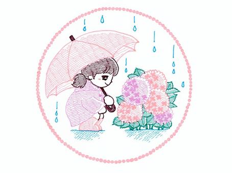 Girl watching hydrangea on a rainy day, , JPG and PNG