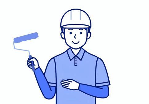 ペンキを塗る塗装工・屋根職人の職人男性 塗装工,おまかせください,ヘルメット,ポロシャツ,メンテナンス,外壁塗装,職人,リフォーム,ペンキ,ローラーのイラスト素材