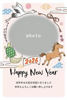 手描きイラストのフォト年賀状1縦2026 年賀状,テンプレート,2026,午,馬,正月,鶴,亀,縁起物,和のイラスト素材