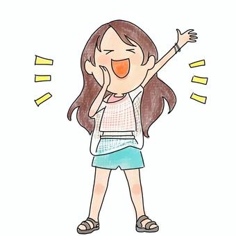 遠くに叫ぶ女性 女性,応援,笑顔,叫ぶ,手を上げる,ロングヘア,短パン,半袖のイラスト素材