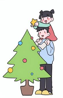 クリスマスツリーに星を飾る父と娘 クリスマス,親子,クリスマスツリー,父,娘,肩車,星,飾る,冬,男性のイラスト素材