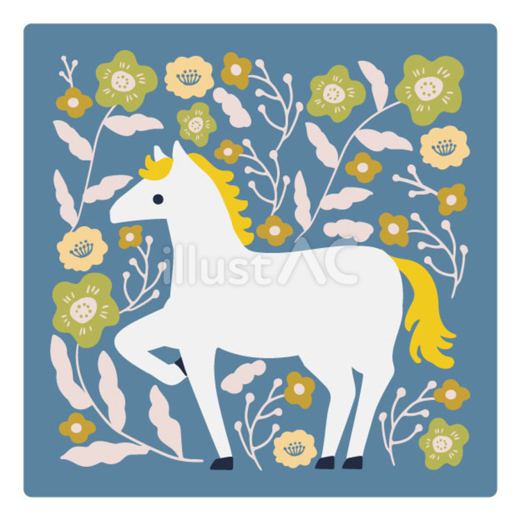 花と馬　四角 馬,白馬,たてがみのイラスト素材