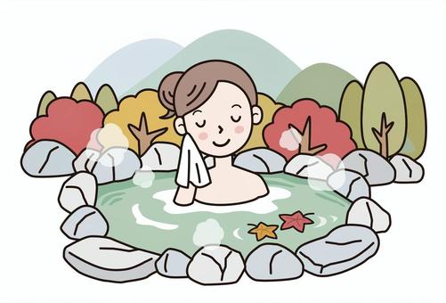 温泉でリラックス！ 温泉,露天風呂,旅行,観光地,リラックス,旅,天然温泉,源泉かけ流し,秋,癒しのイラスト素材