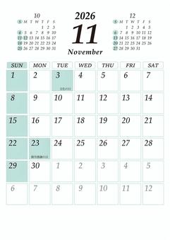 2026 11月 日曜始 カレンダー 縦 カレンダー,2026年,2026,令和8,11月,11,november,a4,祝日,マンスリーのイラスト素材