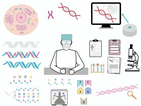 遺伝子検査のセット 遺伝子,遺伝子検査,細胞,dna,rna,染色体,二重らせん構造,検査技師,男性,一人のイラスト素材