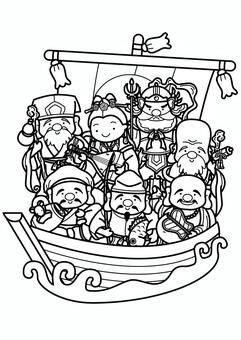 七福神宝船2-1c 宝船,七福神,大黒天,恵比寿天,布袋尊,寿老人,福禄寿,弁財天,毘沙門天,神様のイラスト素材