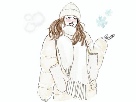 降る雪の結晶を手で受ける冬服の女性 女性,雪,結晶,降る,冬,笑顔,手,マフラー,冬服,手袋のイラスト素材