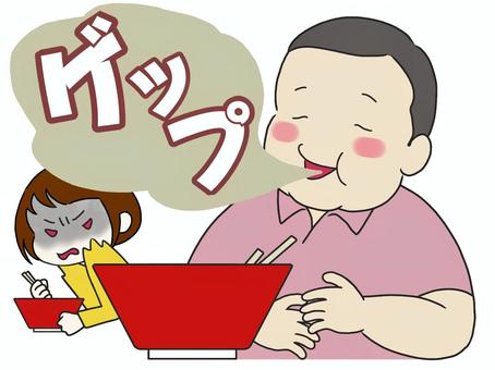 食後にゲップする人と横で怒っている人 ゲップ,気づかい,マナー,違反,下品,ラーメン,丼,食後,怒り,不快感のイラスト素材