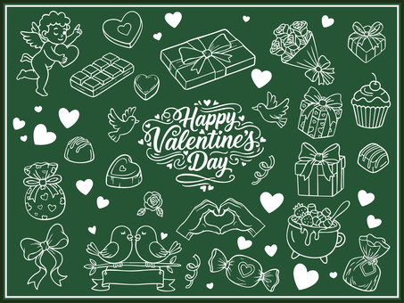 バレンタイン素材-3（黒板） バレンタイン,バレンタインデー,エンジェル,天使,ハート,青い鳥,チョコレート,花束,バラ,リボンのイラスト素材