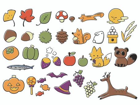 秋のイラストセット 秋,ハロウィン,紅葉,月,うさぎ,りす,きつね,たぬき,しか,カボチャのイラスト素材