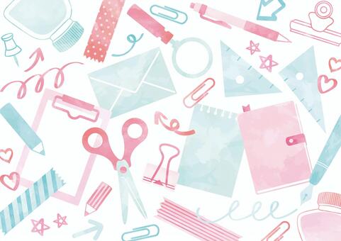 水彩風文具の壁紙-01 文具,インク,手紙,封筒,クリップ,万年筆,ペン,手帳,三角定規,鉛筆のイラスト素材