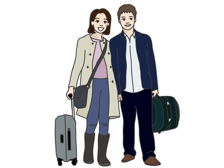 旅行に行く人たち 旅行,男性,女性,夫婦,カップル,荷物,笑顔のイラスト素材