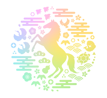 馬と縁起物の年賀状素材02 年賀状,馬,午,午年,正月,お正月,和柄,和風,干支,動物のイラスト素材