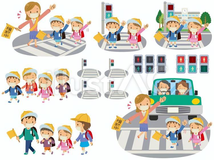 通学／小学生／横断歩道／信号／マスク 通学,登下校,小学生のイラスト素材