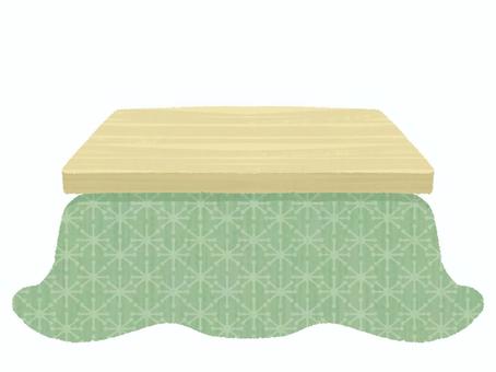 こたつ（緑色） 炬燵,緑色,天板,机,布団,家具,暖房器具,冬,温かい,手描きのイラスト素材