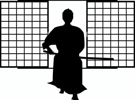 侍構える 侍,刀,構える,入室,障子,開ける,引き戸,部屋,和室,シルエットのイラスト素材