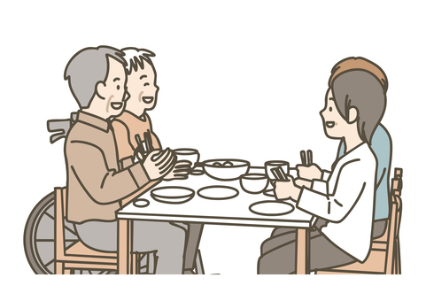 家族と外食を楽しむ高齢者たち 食事,外食,高齢者,家族,シニア,車椅子,車イス,介護,介助,福祉のイラスト素材