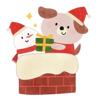 煙突からサンタ犬と雪だるま クリスマス,煙突,犬,雪だるま,サンタ,帽子,動物,プレゼント,冬,絵本のイラスト素材