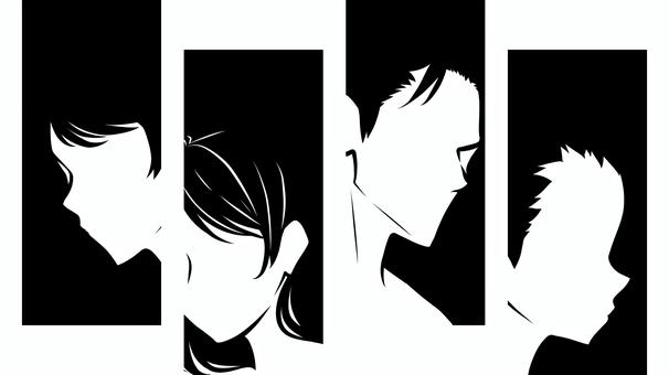 人物シルエット挿絵集_6 シルエット,横顔,人物,顔,キャラクター,セット,4人,モノクロ,小説,挿絵のイラスト素材