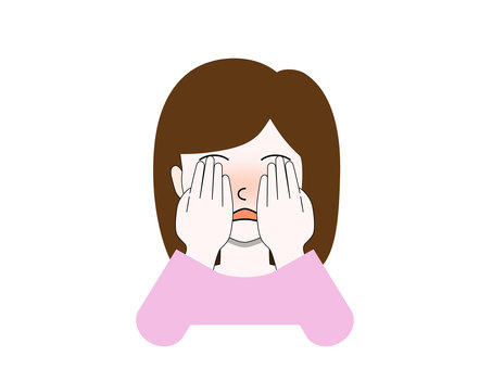 恥ずかしがって顔をかくす若い女性 女性,人物,若い,ロングヘア,茶髪,恥ずかしい,恥じらう,恥じらい,照れる,隠すのイラスト素材