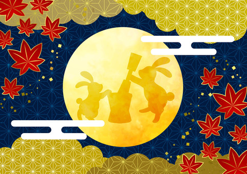 Autumn2513 満月,うさぎ,紅葉,雲,夜,葉,麻の葉模様,和風,和柄,お月見のイラスト素材