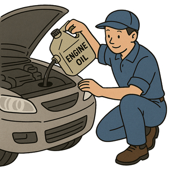 エンジンオイルを注ぐ作業員